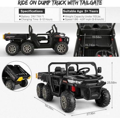 2-Seat 24V Electric Dump Truck Ride-On Toy with 6 Wheels - Black