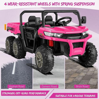 2-Seat 24V Electric Dump Truck Ride-On Toy with Pink Dump Bed and 6 Wheels