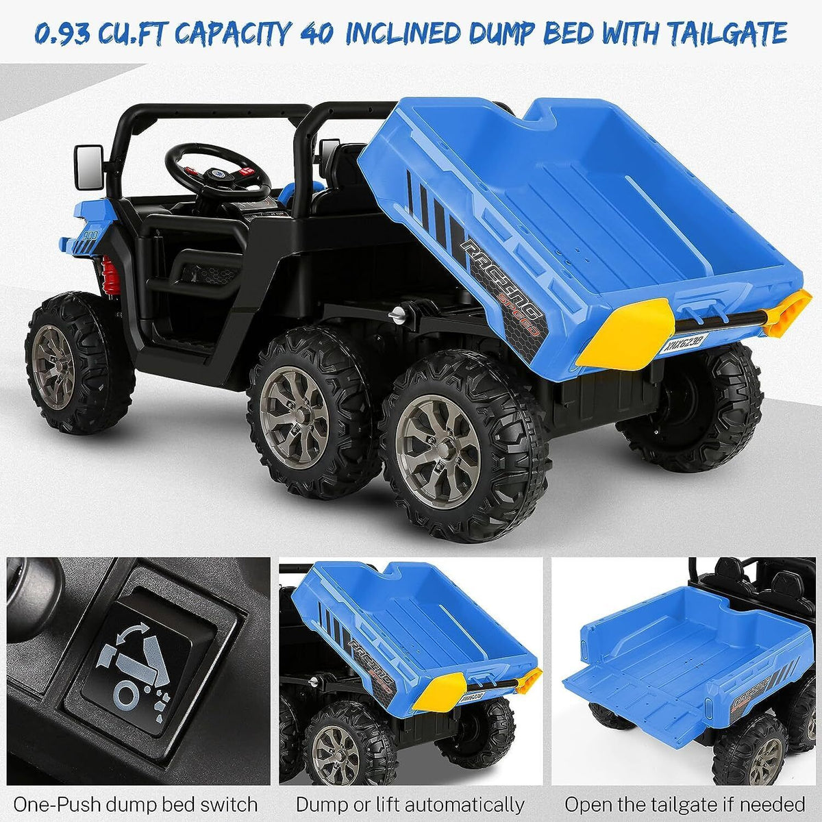 2 Seater 24V 4WD Ride On Car for Kids with Dump Bed, Remote Control, MP3, and LED Lights