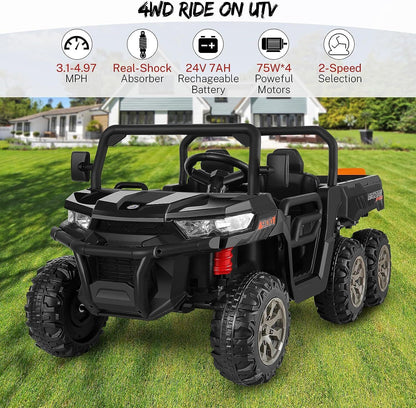 2 Seater 24V 4WD Ride On Car for Kids with Dump Bed, Remote Control, MP3, and LED Lights