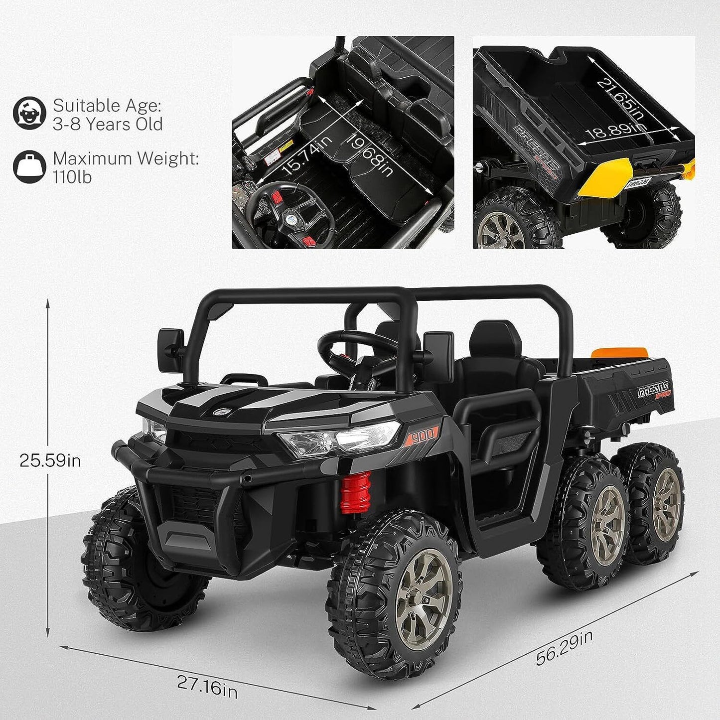 2 Seater 24V 4WD Ride On Car for Kids with Dump Bed, Remote Control, MP3, and LED Lights