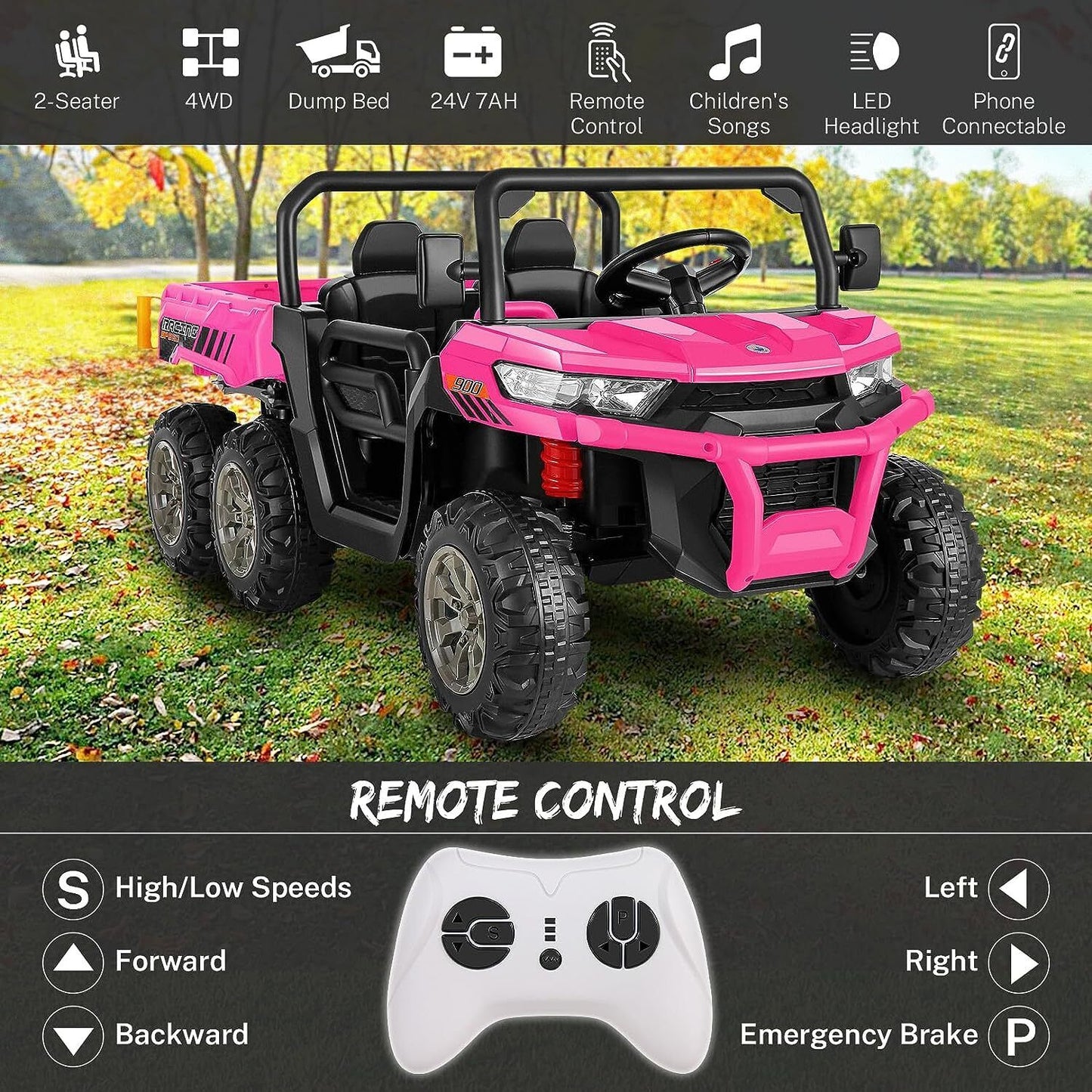 2 Seater 24V 4WD Ride On Car for Kids with Dump Bed, Remote Control, MP3, and LED Lights