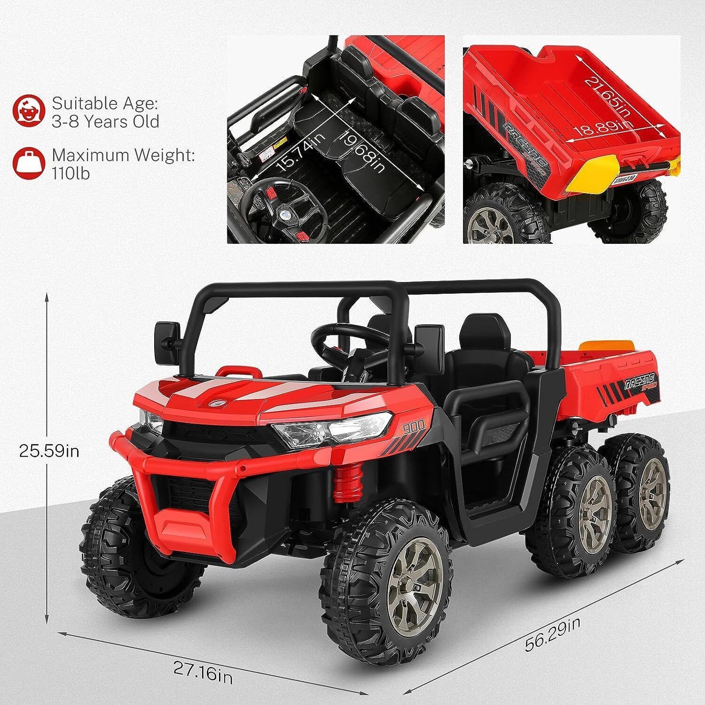 2 Seater 24V 4WD Ride On Car for Kids with Dump Bed, Remote Control, MP3, and LED Lights