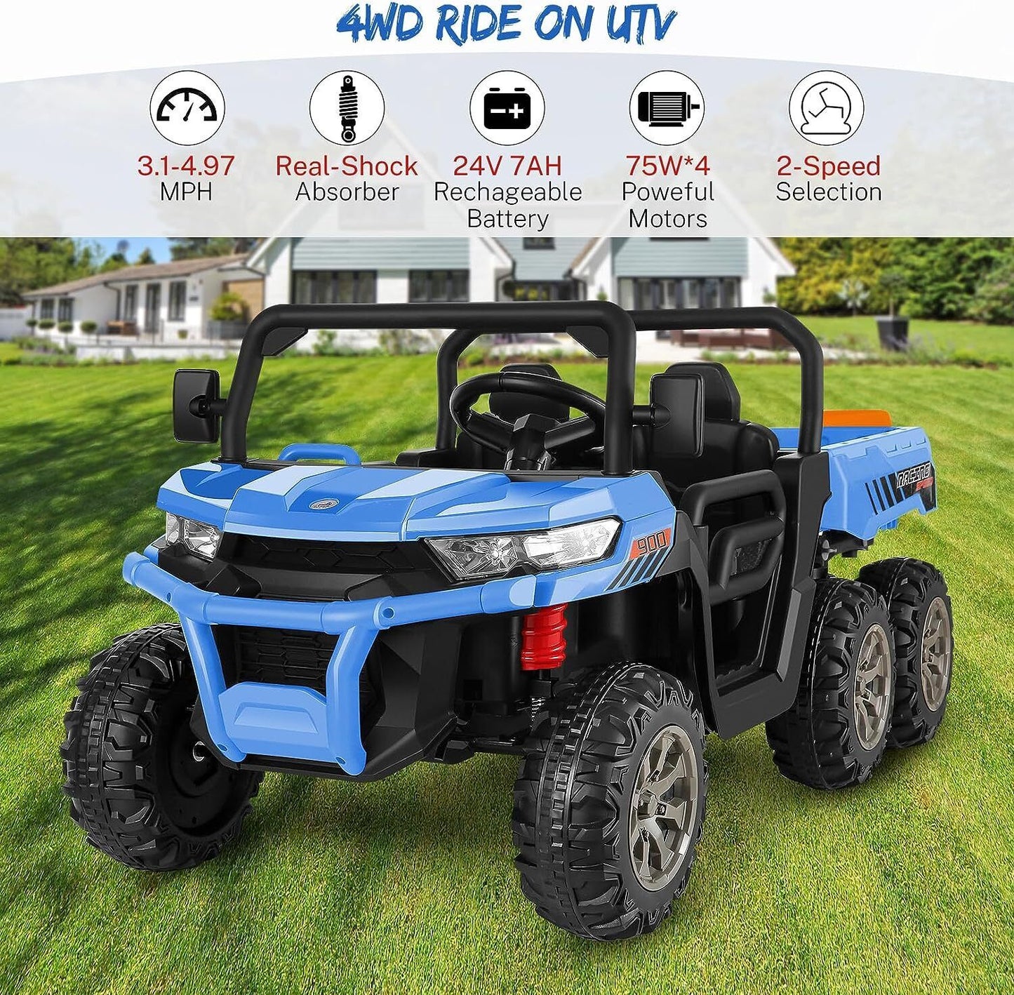 2 Seater 4WD Ride On Car with Dump Bed, Remote Control, and Music - 300W Motors, 24V