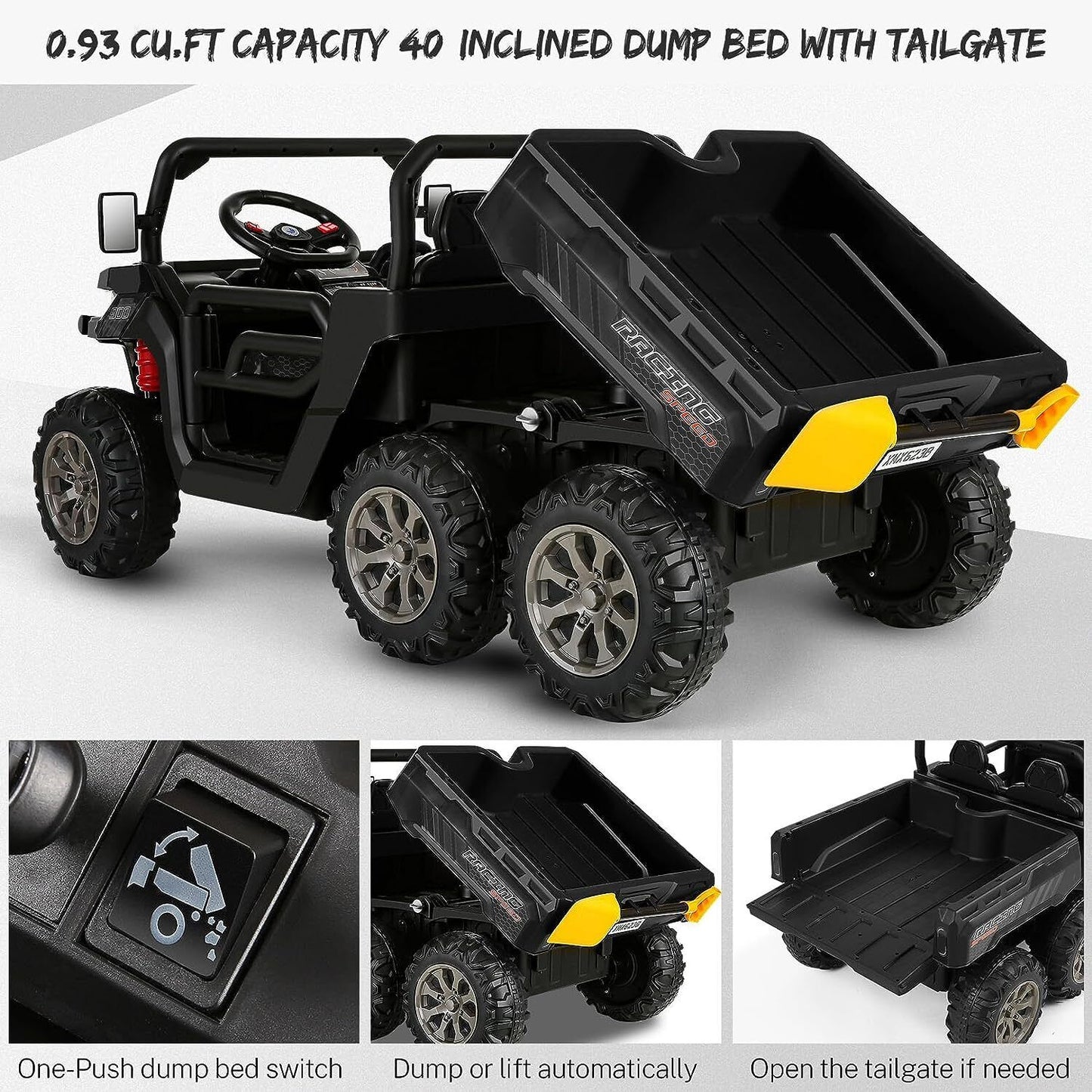400W 2-Seater 4WD Ride-On Car for Kids with Dump Bed, RC Control, MP3 Player, and LED Lights - 3 Speed Options