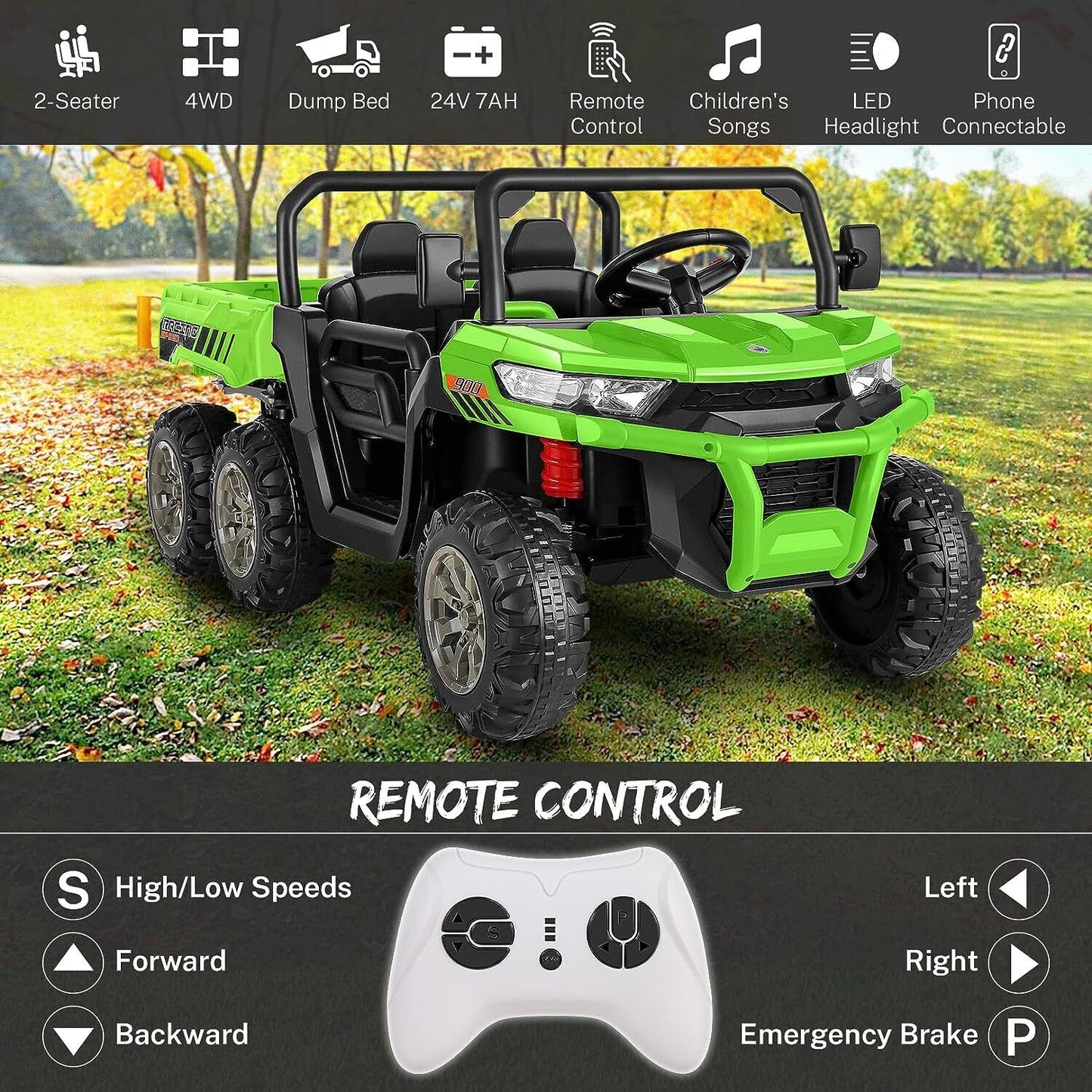 24V 4WD Kids Electric Car with Remote Control and Dump Bed - 2 Seater Ride-On Vehicle