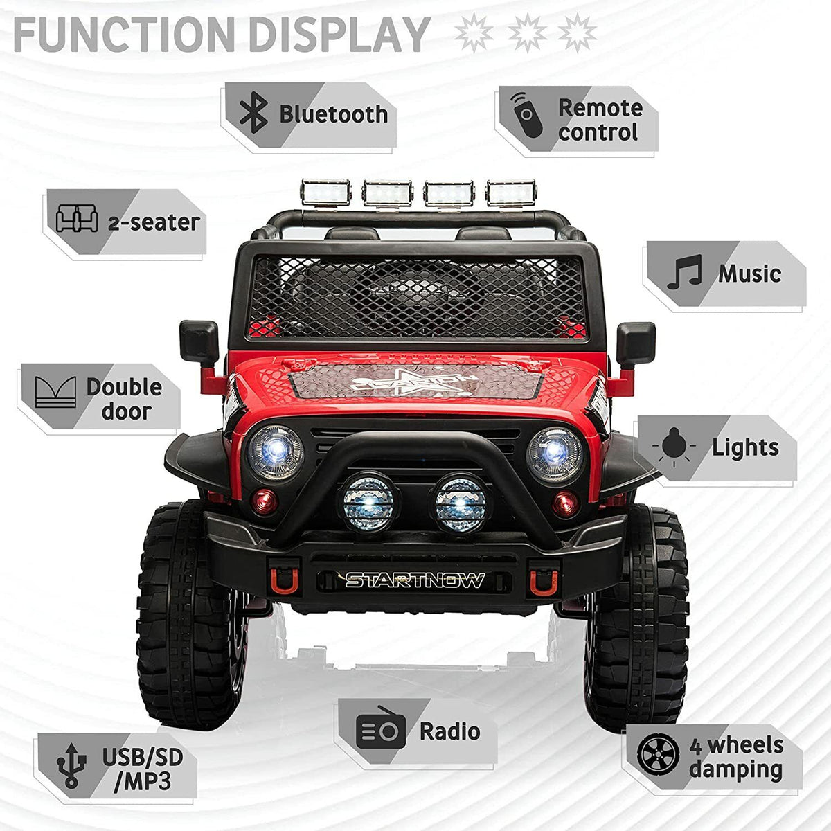 2-Seater Electric Ride-On Car for Kids with RC Control, MP3 Player, and Realistic Jeep Design