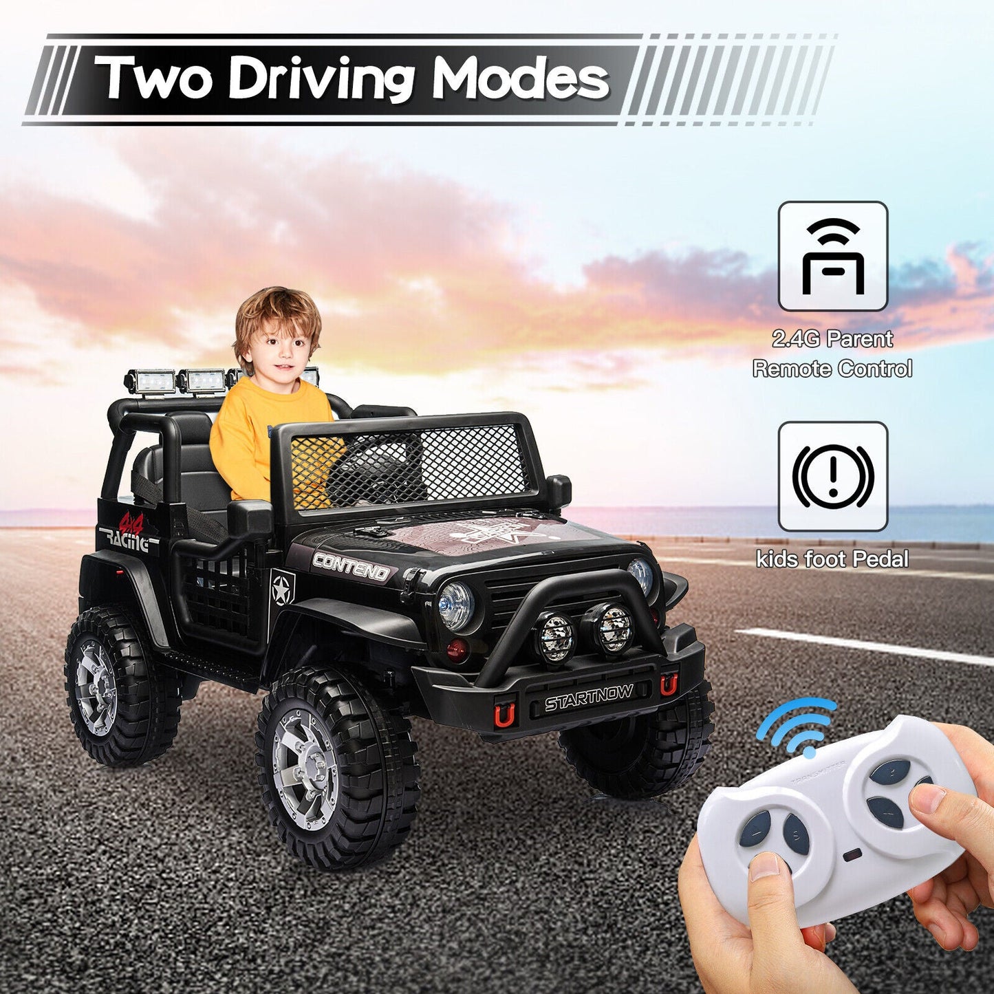 2-Seater Electric Ride On Jeep Toy with USB, Bluetooth, and Remote Control for Kids (12V)