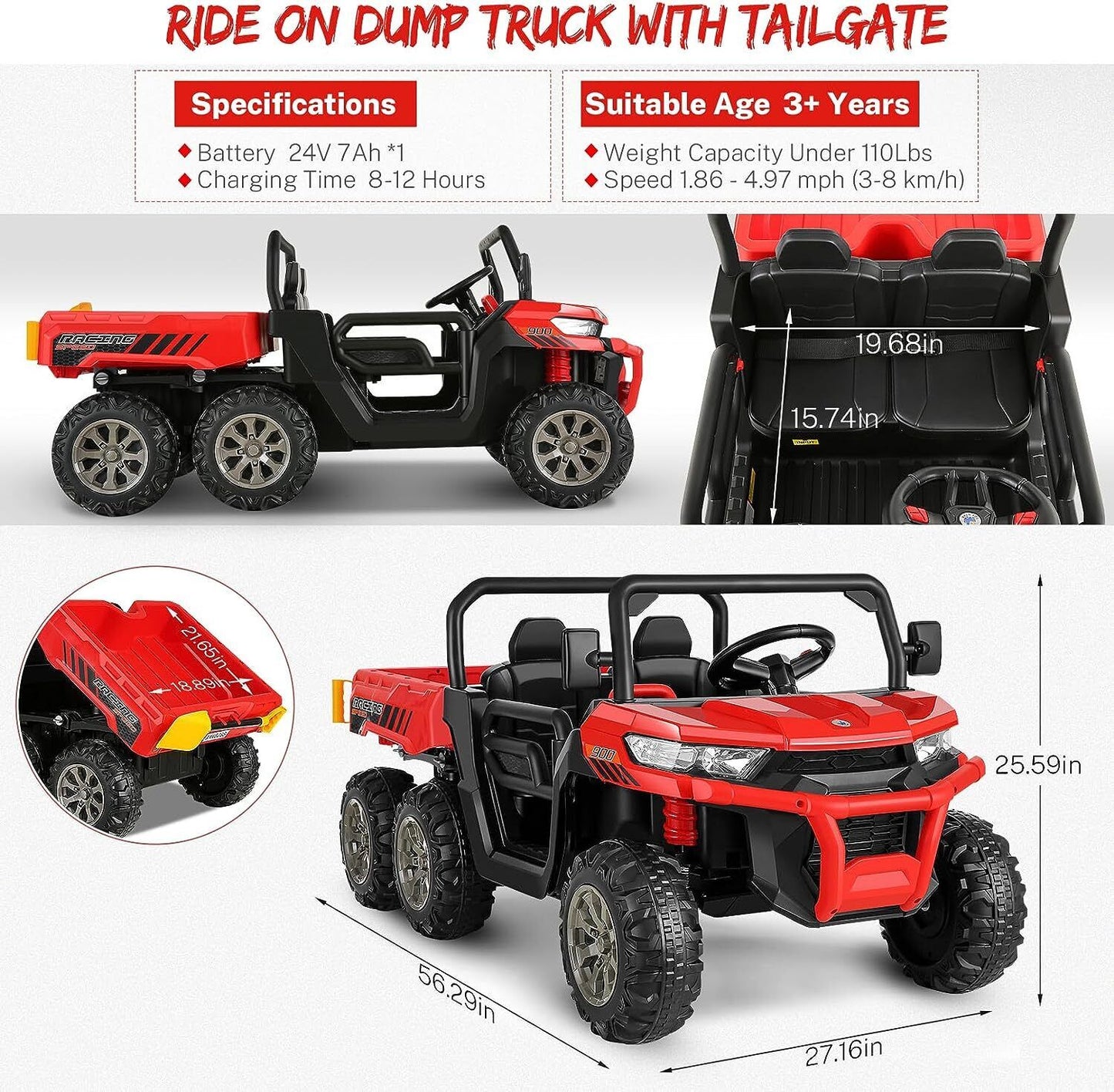 Electric 2 Seater Dump Truck Ride-On Car with Remote Control and Working Dump Bed and Shovel
