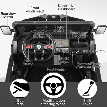 Electric 2 Seater Dump Truck Ride-On Car with Remote Control and Working Dump Bed and Shovel