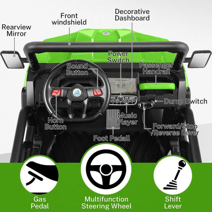 Electric 2 Seater Dump Truck Ride-On Car with Remote Control and Working Dump Bed and Shovel