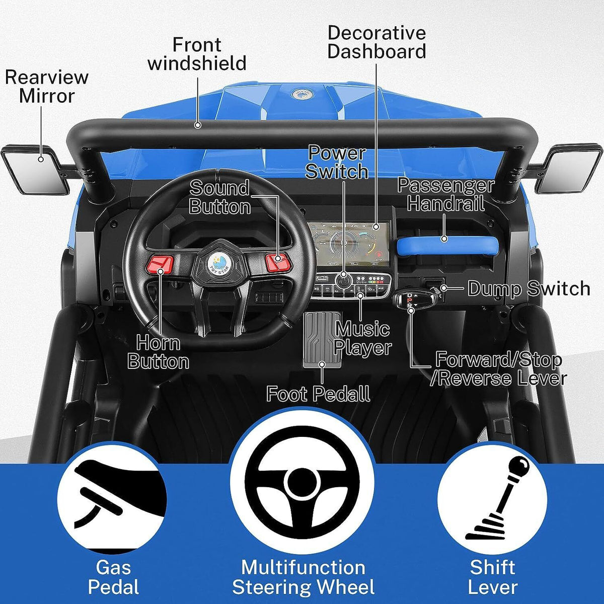Electric 2 Seater Dump Truck Ride-On Car with Remote Control and Working Dump Bed and Shovel