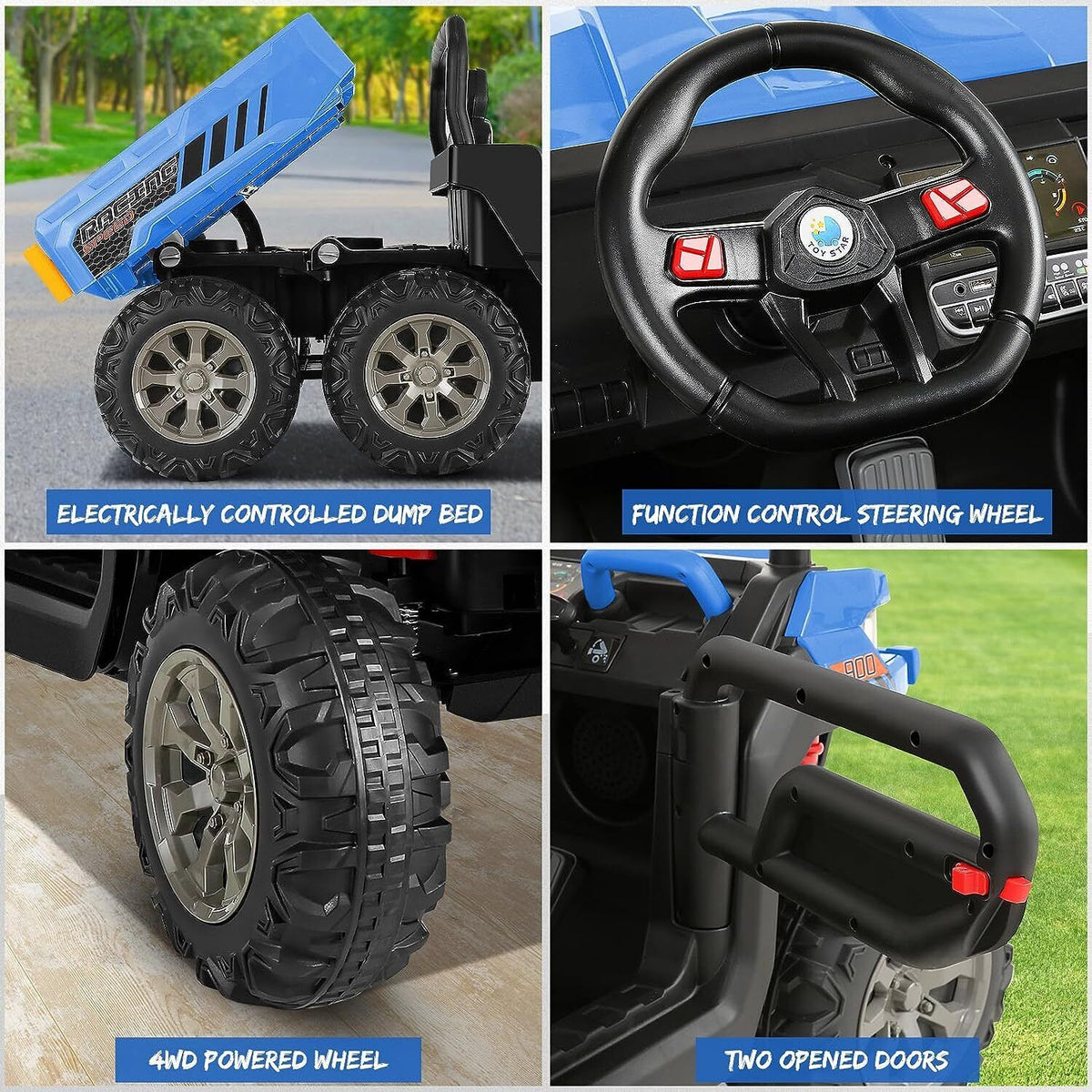 Electric 2 Seater Dump Truck Ride-On Car with Remote Control and Working Dump Bed and Shovel