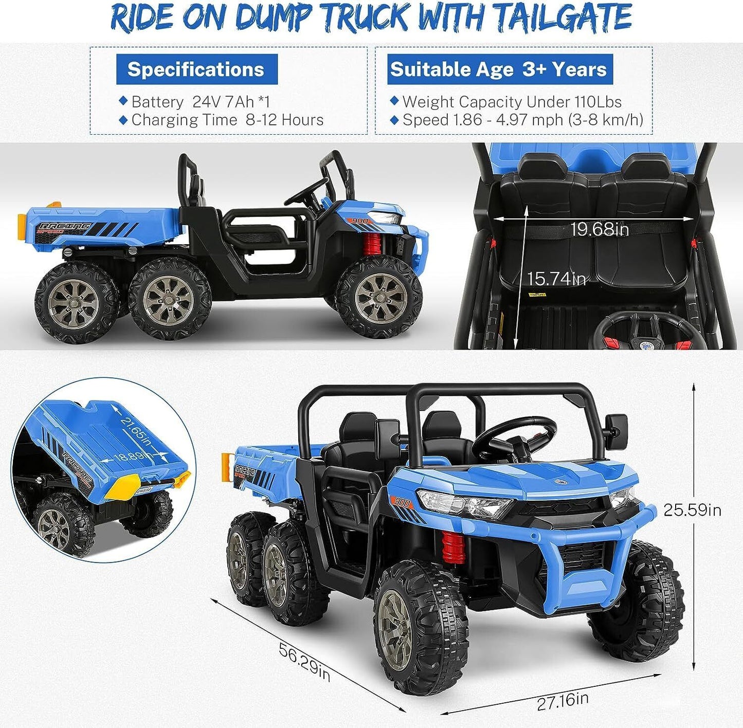 Electric 2 Seater Dump Truck Ride-On Car with Remote Control and Working Dump Bed and Shovel