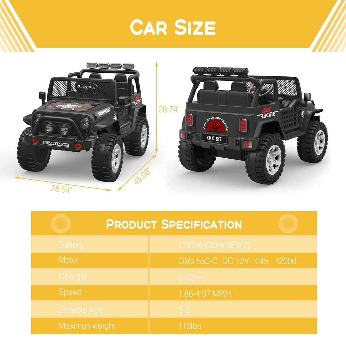 2-Seater Kids Ride-On Truck with Remote Control, LED Lights, Music, and Double Doors