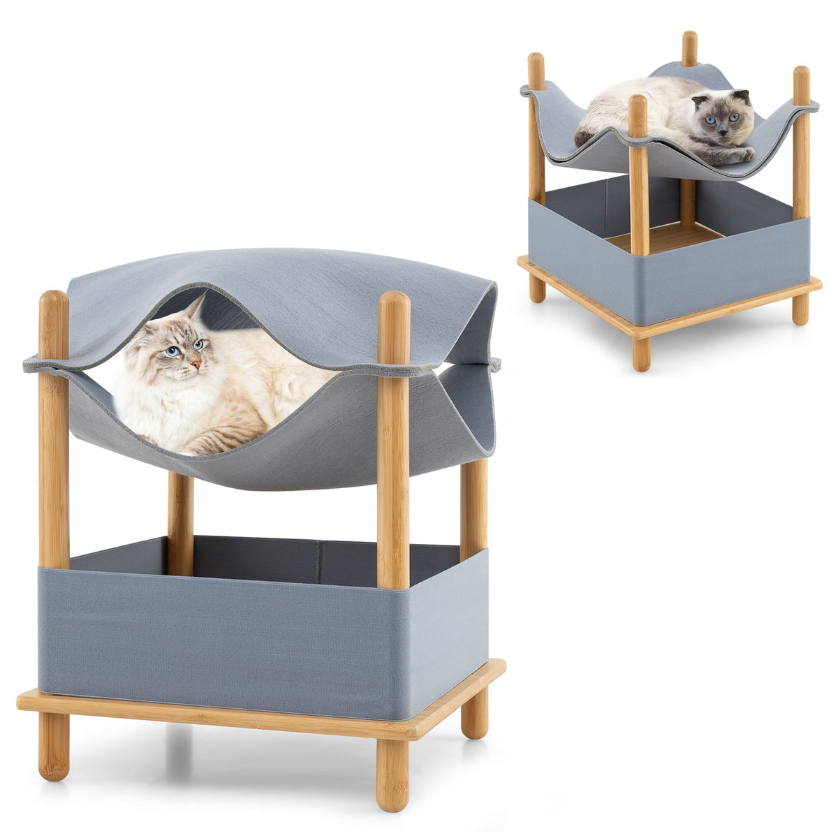 2-Tier Wooden Cat House with Semi-enclosed Condo and Removable Clothes-Gray
