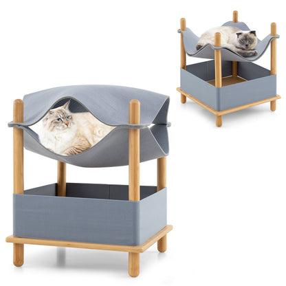 2-Tier Wooden Cat House with Semi-enclosed Condo and Removable Clothes-Gray