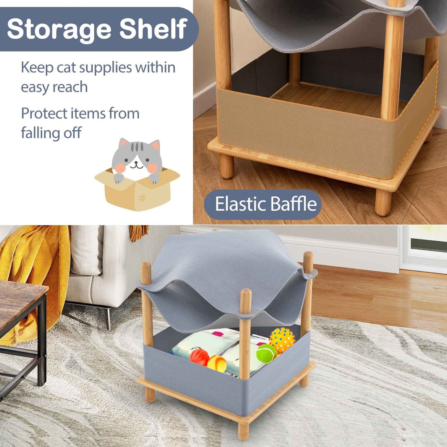 2-Tier Wooden Cat House with Semi-enclosed Condo and Removable Clothes-Gray