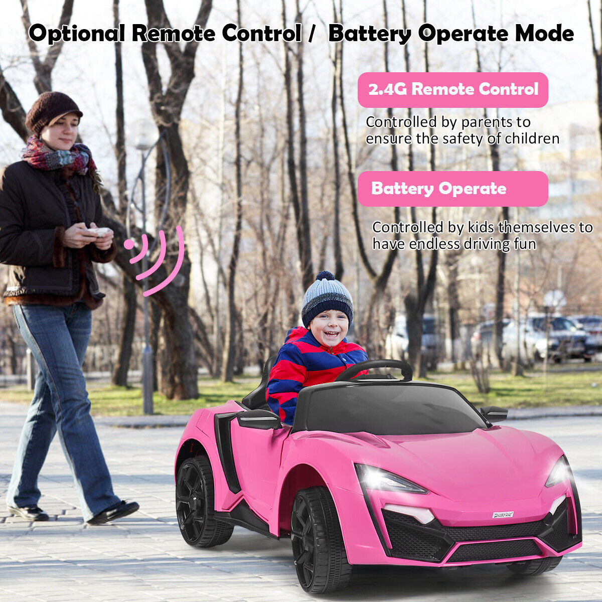 Electric Pink Ride-On Car for Kids with Remote Control, Lights, Music, and Openable Doors