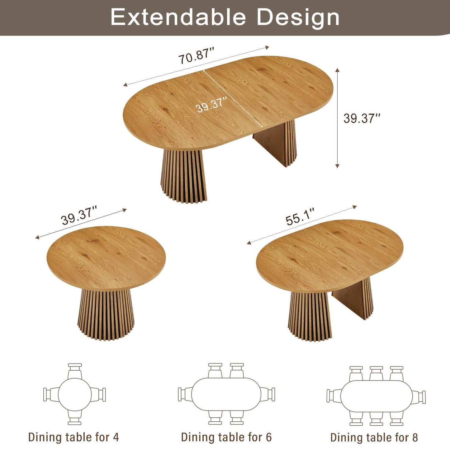 Dining Table, Flexible Extendable Oval Design With Slatted Legs - Natural Wood