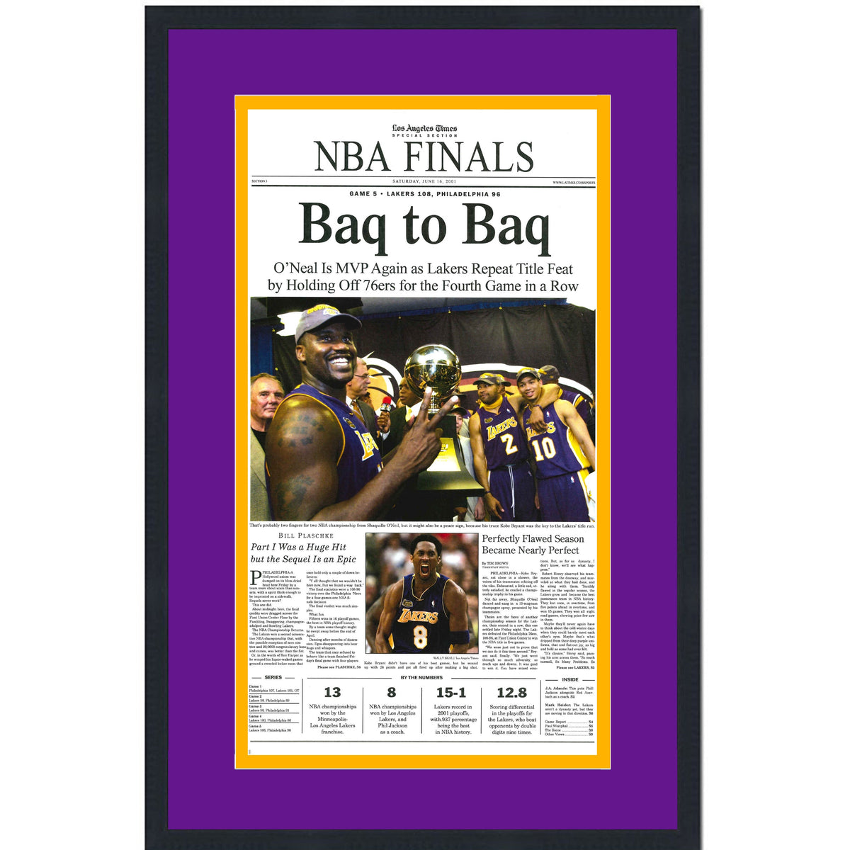 Framed Los Angeles LA Times Lakers Baq To Baq 2001 NBA Finals Champions 14x22 Basketball Newspaper Cover Photo Professionally Matted