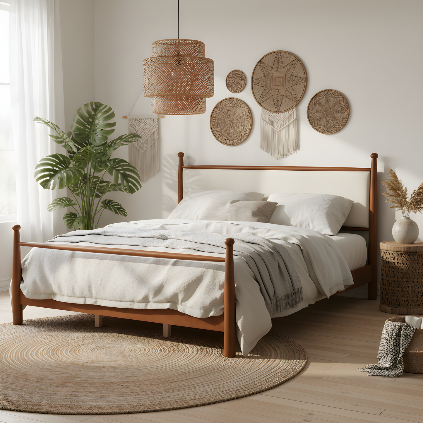 Solid Poplar & Plywood Bed Frame with Upholstered Headboard, King
