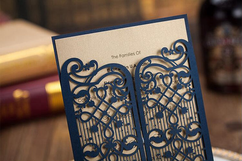 Personalized Navy Blue Laser Cut Wedding Invitation | Custom Tri-Fold Elegant Floral Gate Design Cards for Weddings, Quinceañeras & Special Events