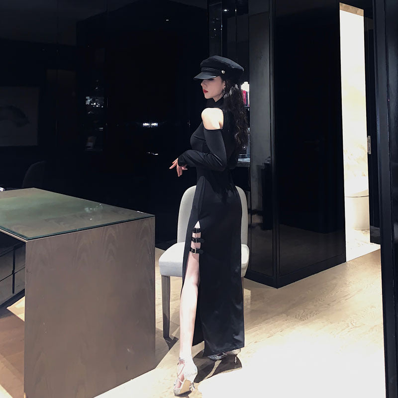 Sexy off-the-shoulder long-sleeved slim-fitting slim high split dress dark girl long cheongsam