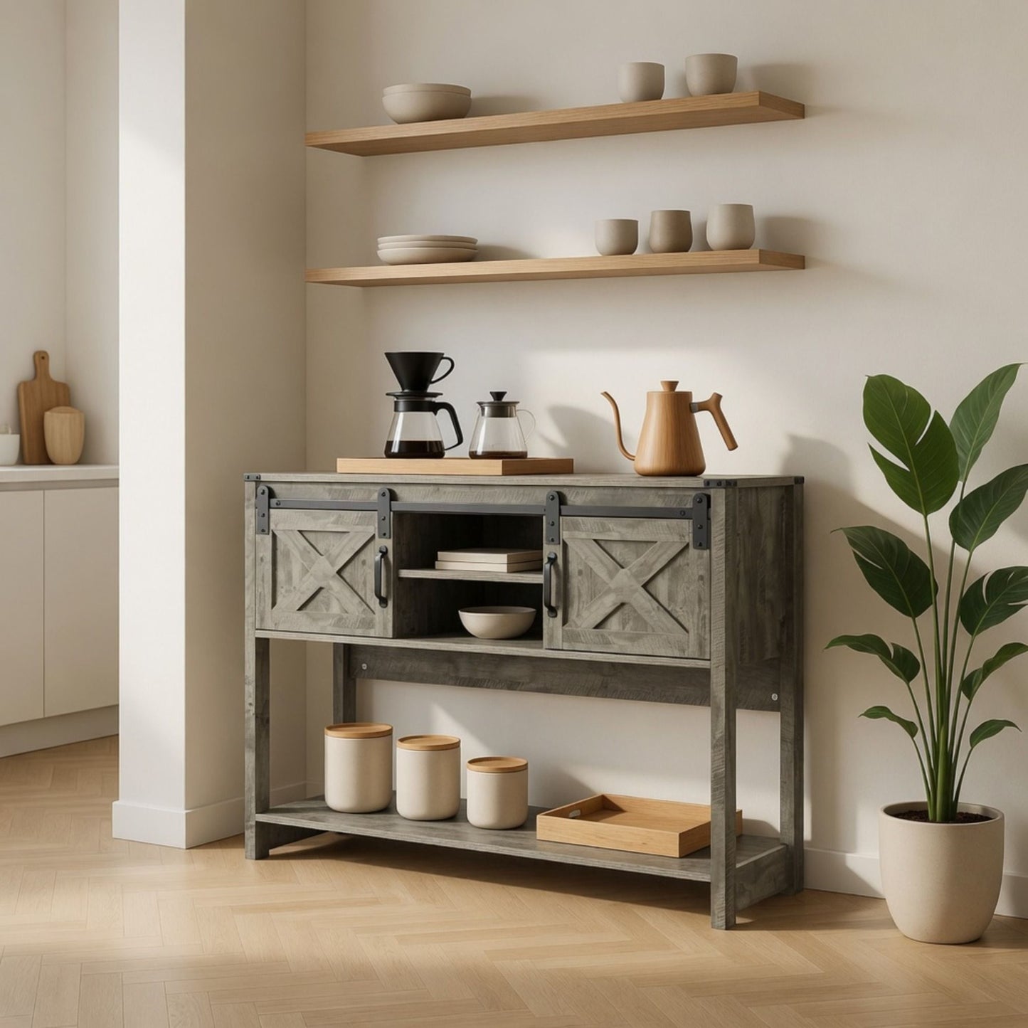 Farmhouse Entryway Table With Sliding Barn Door