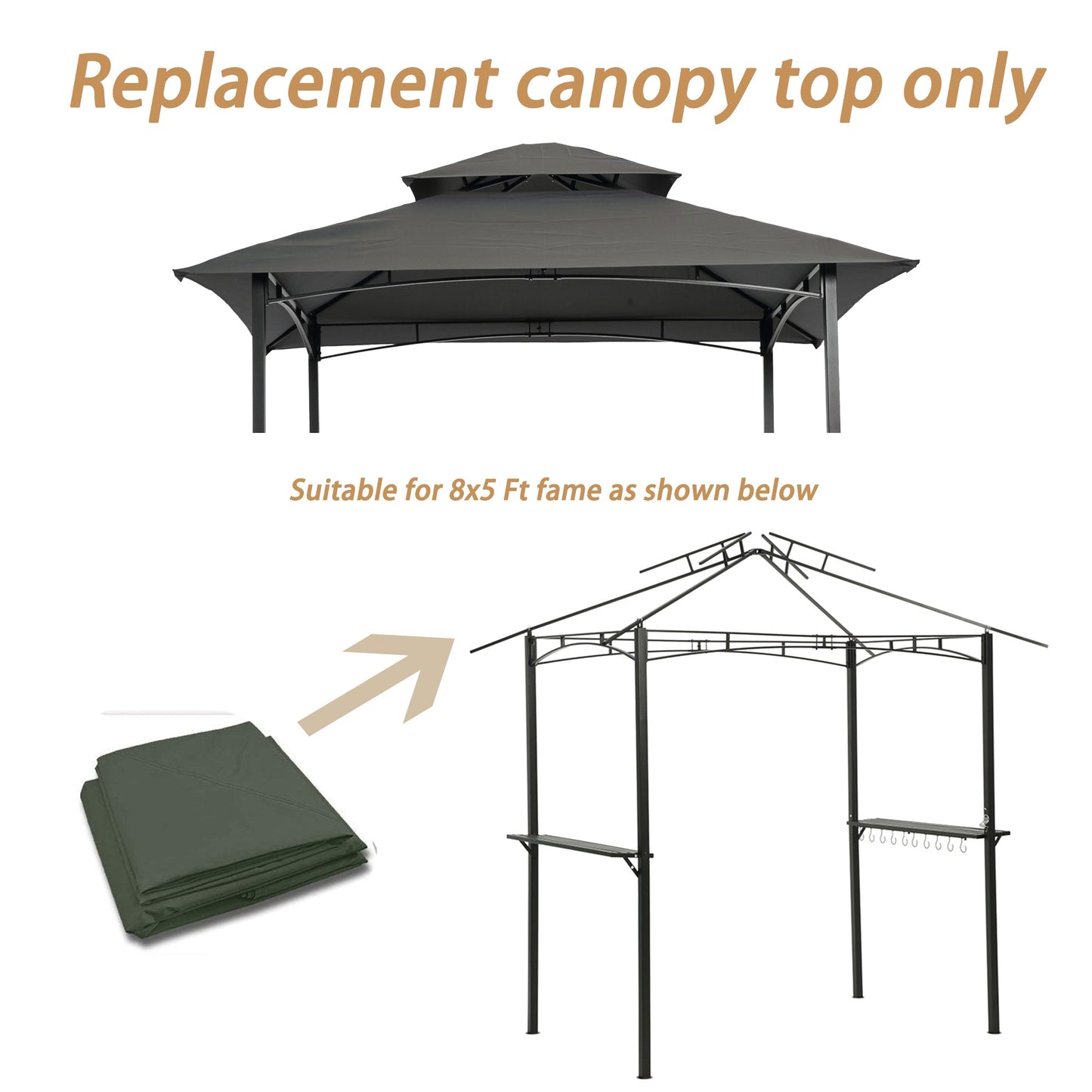 8x5Ft Grill Gazebo Replacement Canopy, Double Tiered BBQ Tent Roof Top Cover