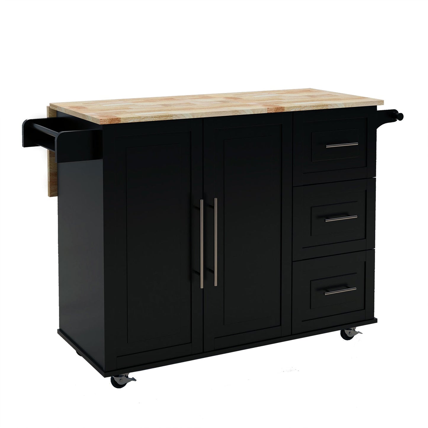 Kitchen Island with Spice Rack, Towel Rack and Extensible Solid Wood Top - Black
