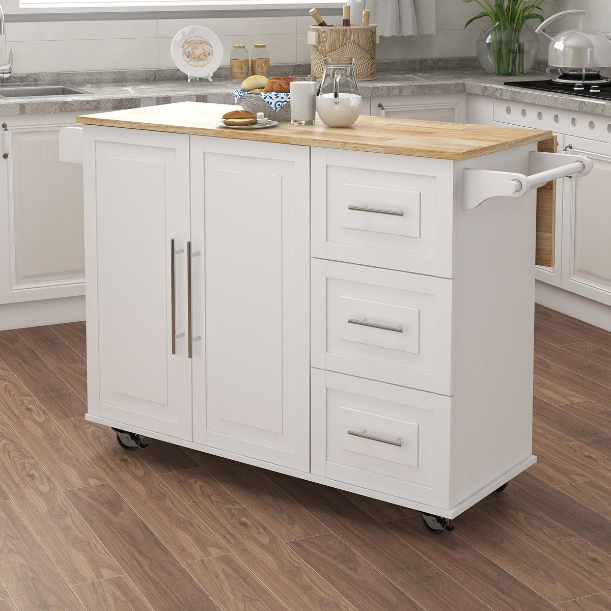 Kitchen Island with Spice Rack, Towel Rack and Extensible Solid Wood Table Top - White