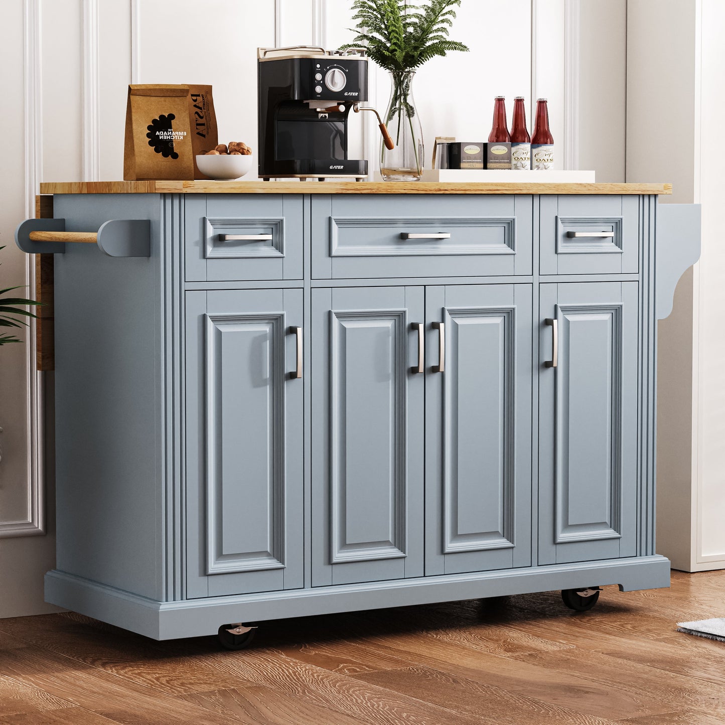 K&K 54inch Large Kitchen Island with Rubber Wood Drop Leaf