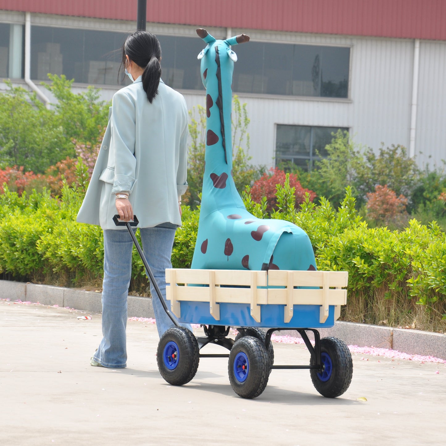 Outdoor Wagon All Terrain Pulling Wood Railing Air Tires Garden Cart