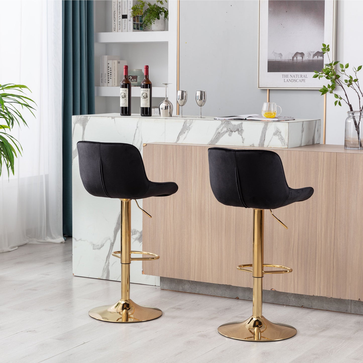 Chrome Footrest and Base Swivel Height Adjustable Mechanical Lifting Velvet Bar Stool, Set of 2