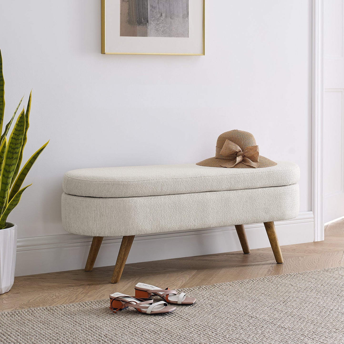 Ottoman Oval Storage Bench, Rubber Wood Legs, Beige (43.5"x16"x16")