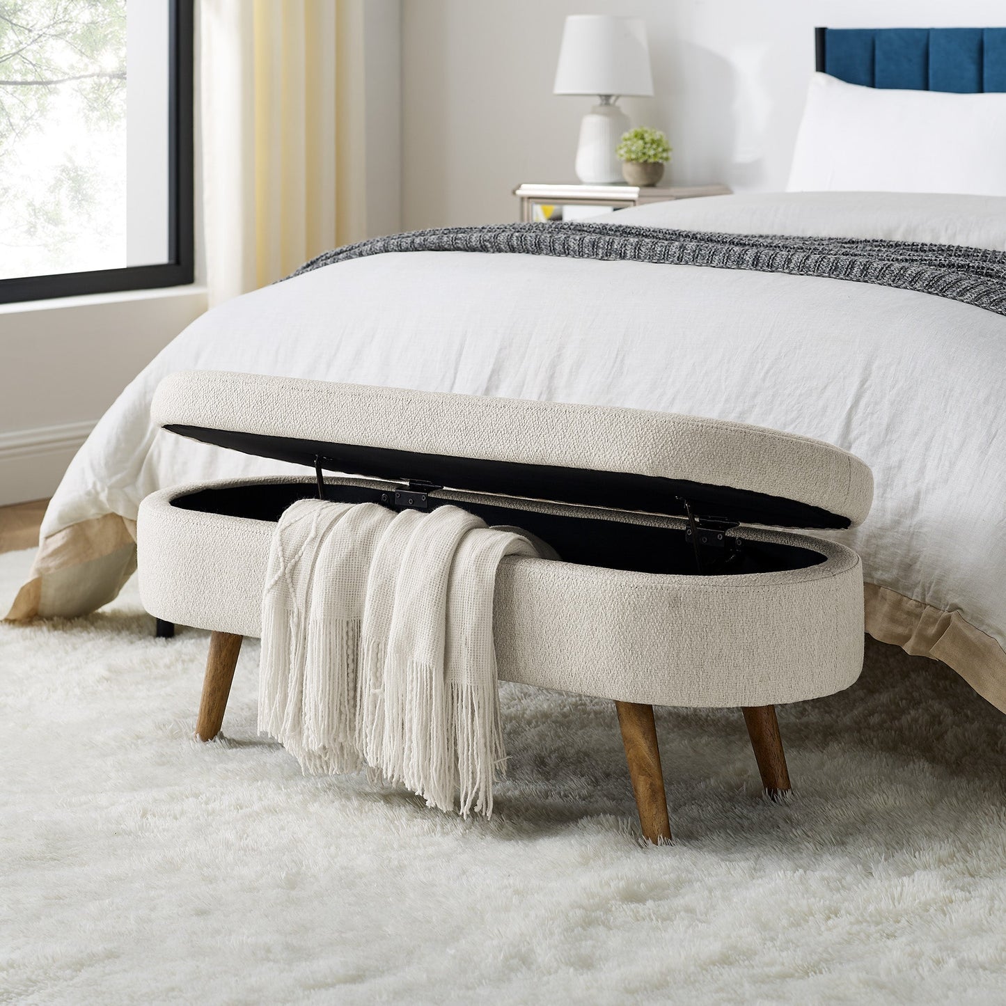 Ottoman Oval Storage Bench, Rubber Wood Legs, Beige (43.5"x16"x16")
