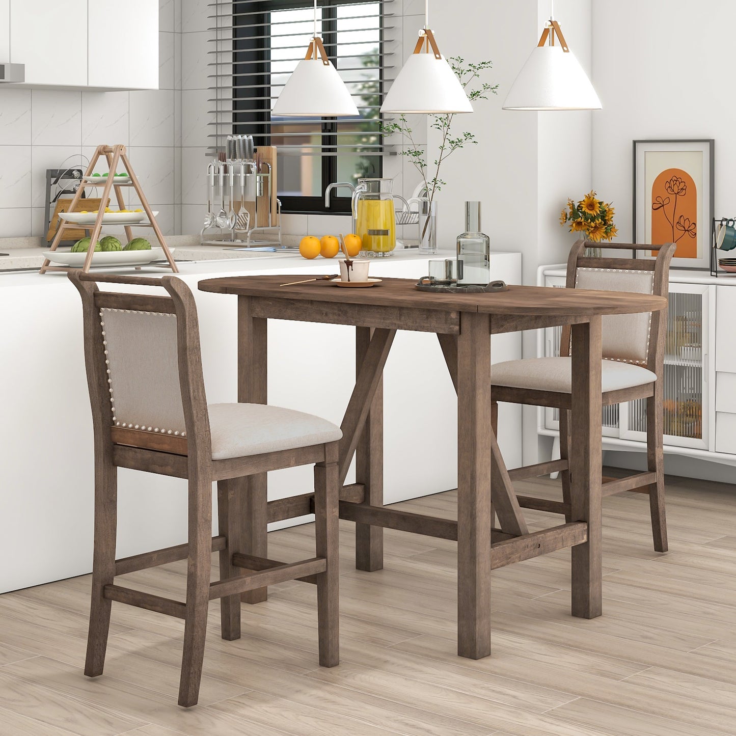 TOPMAX 3-Piece Wood Counter Height Drop Leaf Dining Table Set with 2 Upholstered Chairs