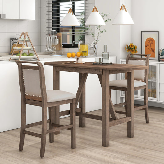 TOPMAX 3-Piece Wood Counter Height Drop Leaf Dining Table Set with 2 Upholstered Chairs