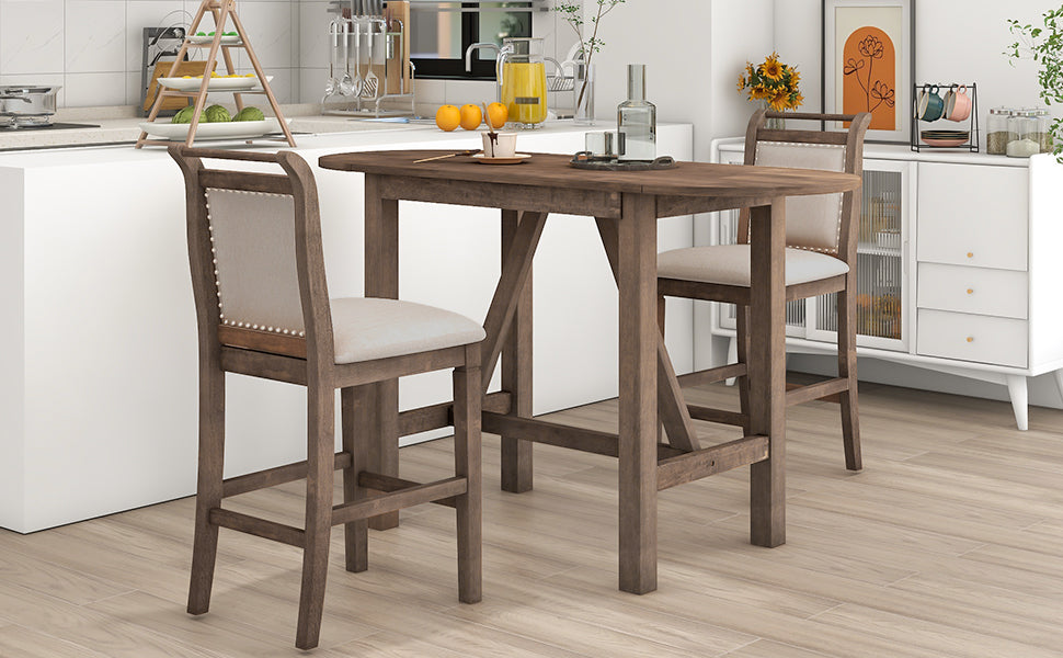 TOPMAX 3-Piece Wood Counter Height Drop Leaf Dining Table Set with 2 Upholstered Chairs