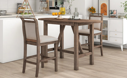TOPMAX 3-Piece Wood Counter Height Drop Leaf Dining Table Set with 2 Upholstered Chairs