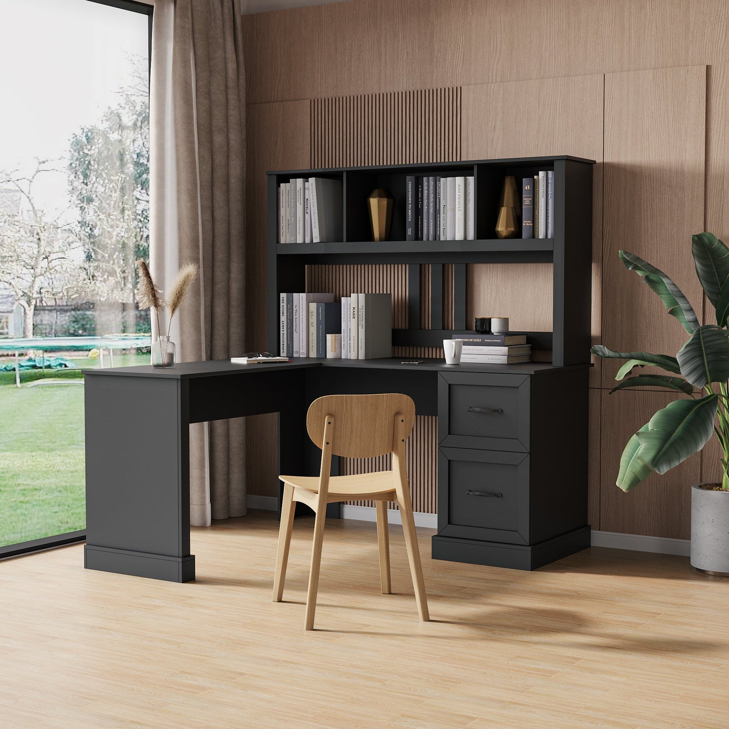 Home Office Computer Desk with Hutch, Antiqued Black