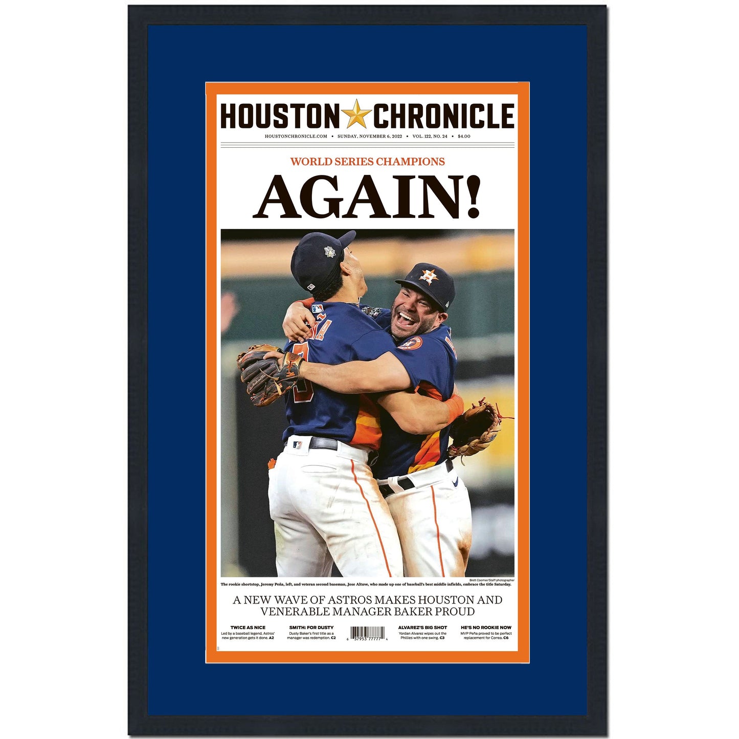 Framed Houston Chronicle Astros Again! 2022 World Series Champions 17x27 Baseball Newspaper Cover Photo Professionally Matted V1