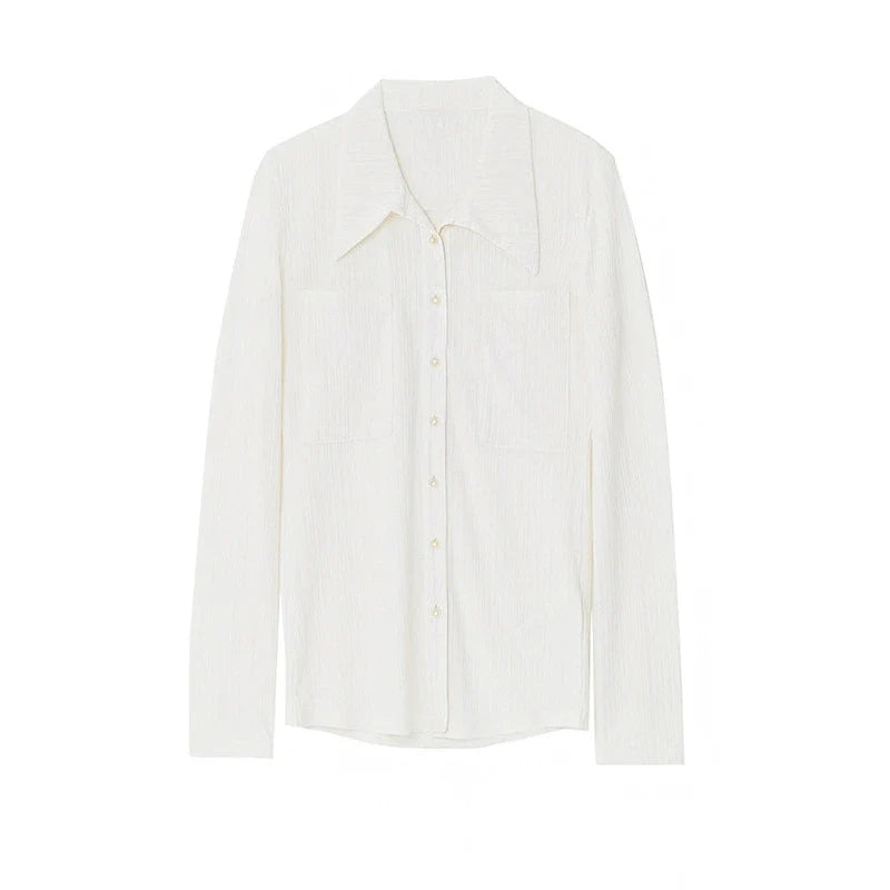 2025 Autumn Thin Women Slim Fit Point Collar Pocket Breathable Shirt New Style