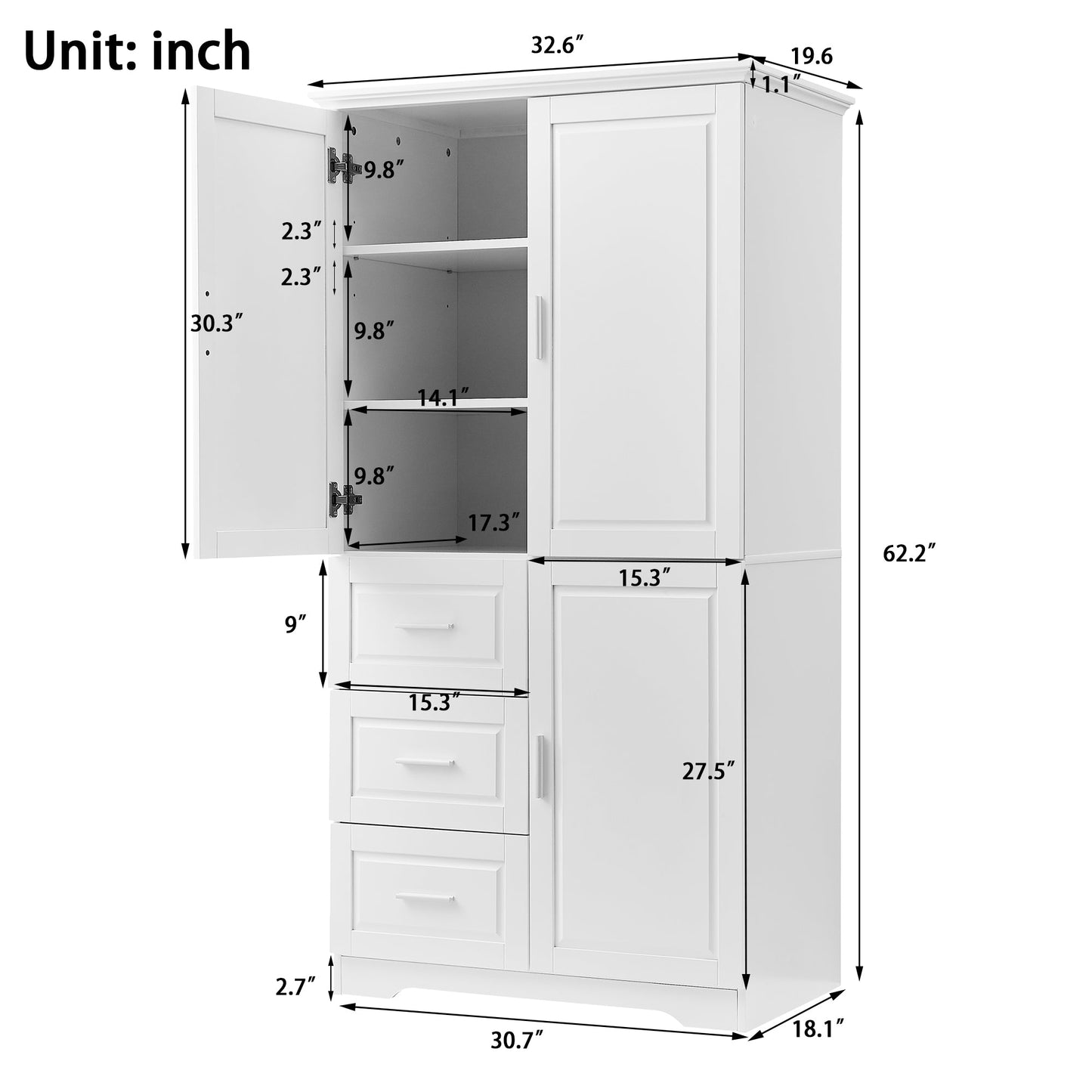 Tall and Wide Storage Cabinet with Doors for Bathroom or Office