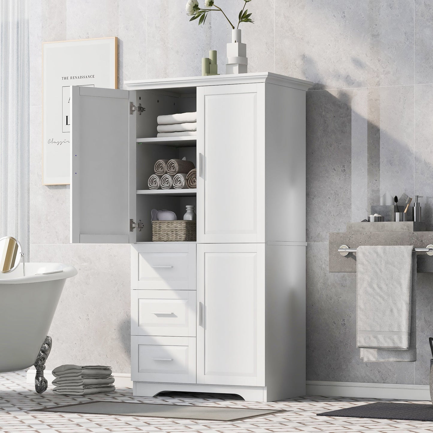 Tall and Wide Storage Cabinet with Doors for Bathroom or Office
