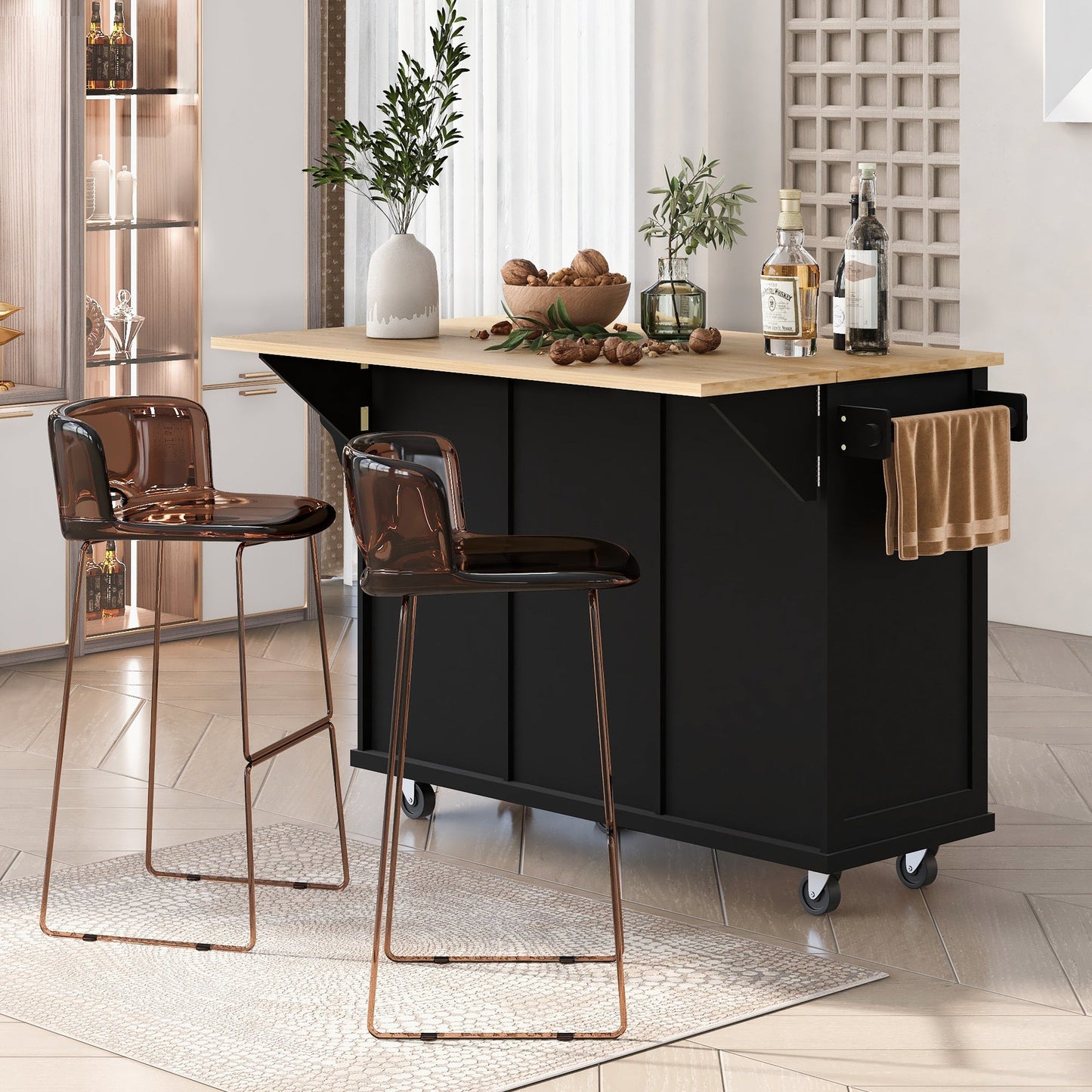 Rubber Wood Drop-Leaf Kitchen Cart with Storage