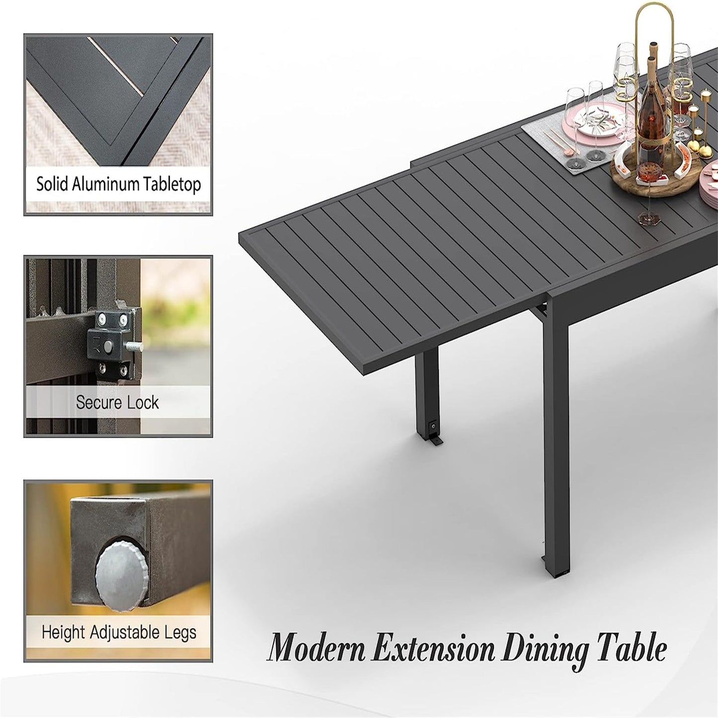 Patio Dining Expandable Table, Metal Aluminum Outdoor Table for 6-8 Person