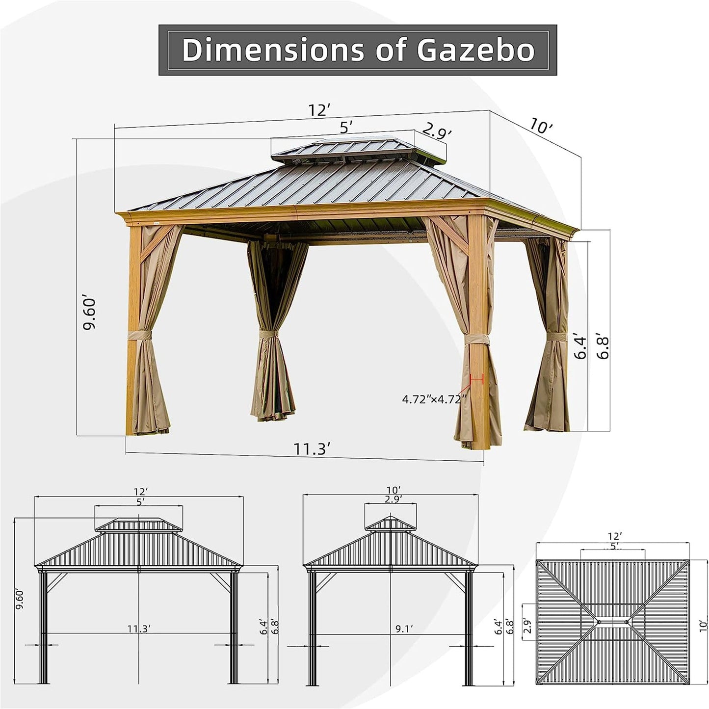 10'x12' Hardtop Gazebo with Wooden Coated Aluminum Frame and Double Steel Roof