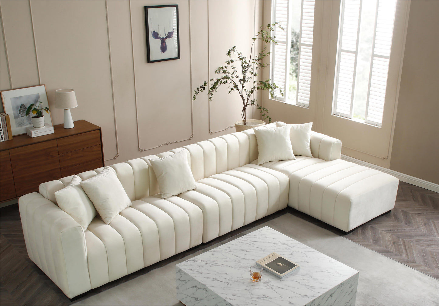 L-Shape Sectional Sofa with Deep Tufted Velvet Upholstered Right Chaise Modular Sofa